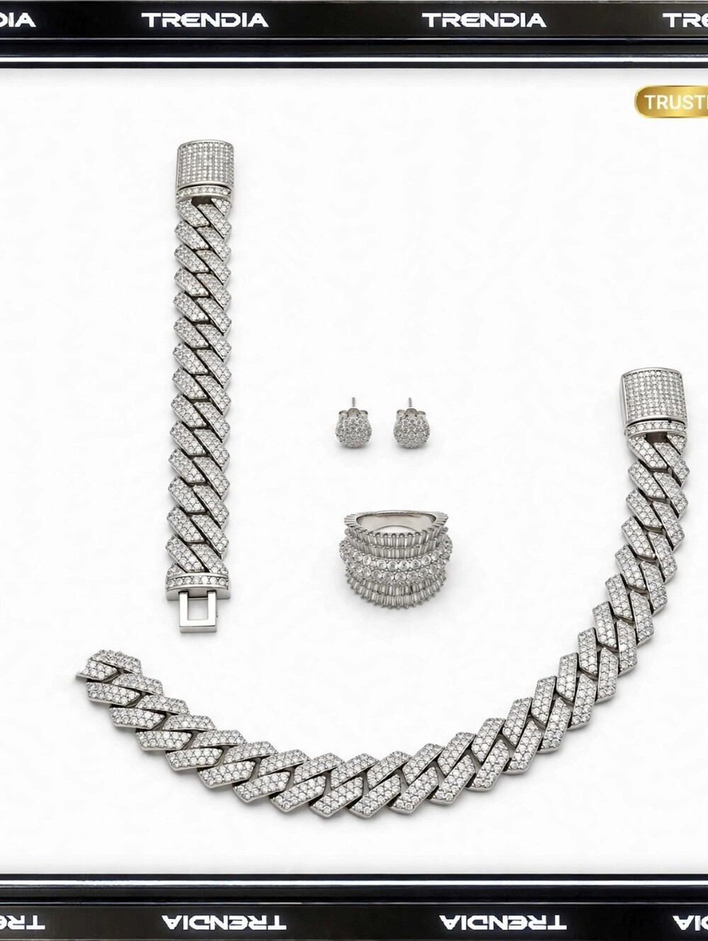 TRENDIA Silver Cubic Zirconia Pave Cuban Link Set